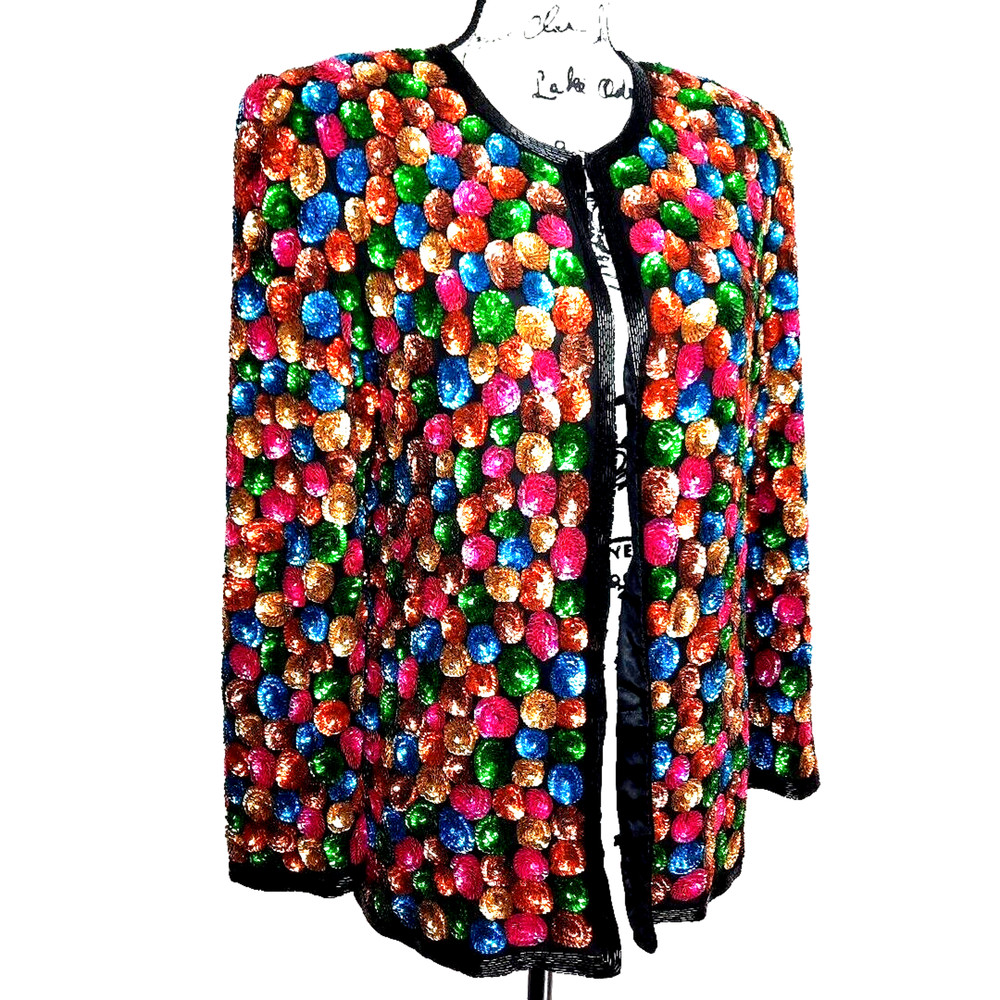 Vtg Beaded Sequin Silk Statement Jacket Medium Black Colorful Dopamine Festival