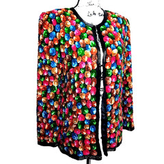 Vtg Beaded Sequin Silk Statement Jacket Medium Black Colorful Dopamine Festival