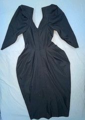 VTG 60S 70S WOMENS S BLACK TAFFETA PROM PARTY COCKTAIL WIGGLE BOW DRESS