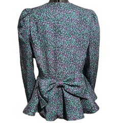 Vintage 1980s Paul Blanco 100% Silk Peplum Blouse 12 Puff Sleeves Teal Purple