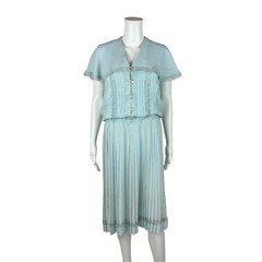 Vintage 80s Baby Blue Dress Women’s Medium Large Collar Pleated Skirt Sheath