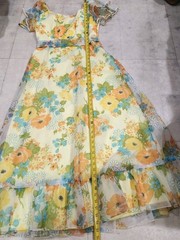 Vtg Wm’s 70s Yellow Floral Maxi Dress*Sheer Flutter Sleeve*Lg-photo Measurements