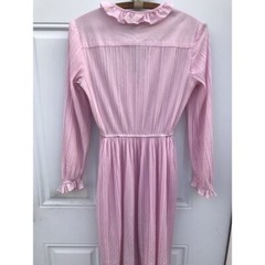 Vtg Rare Dress Liz Petites Inc. Pink Polyester Ribbed 70s Disco Mod Ruffles Boho