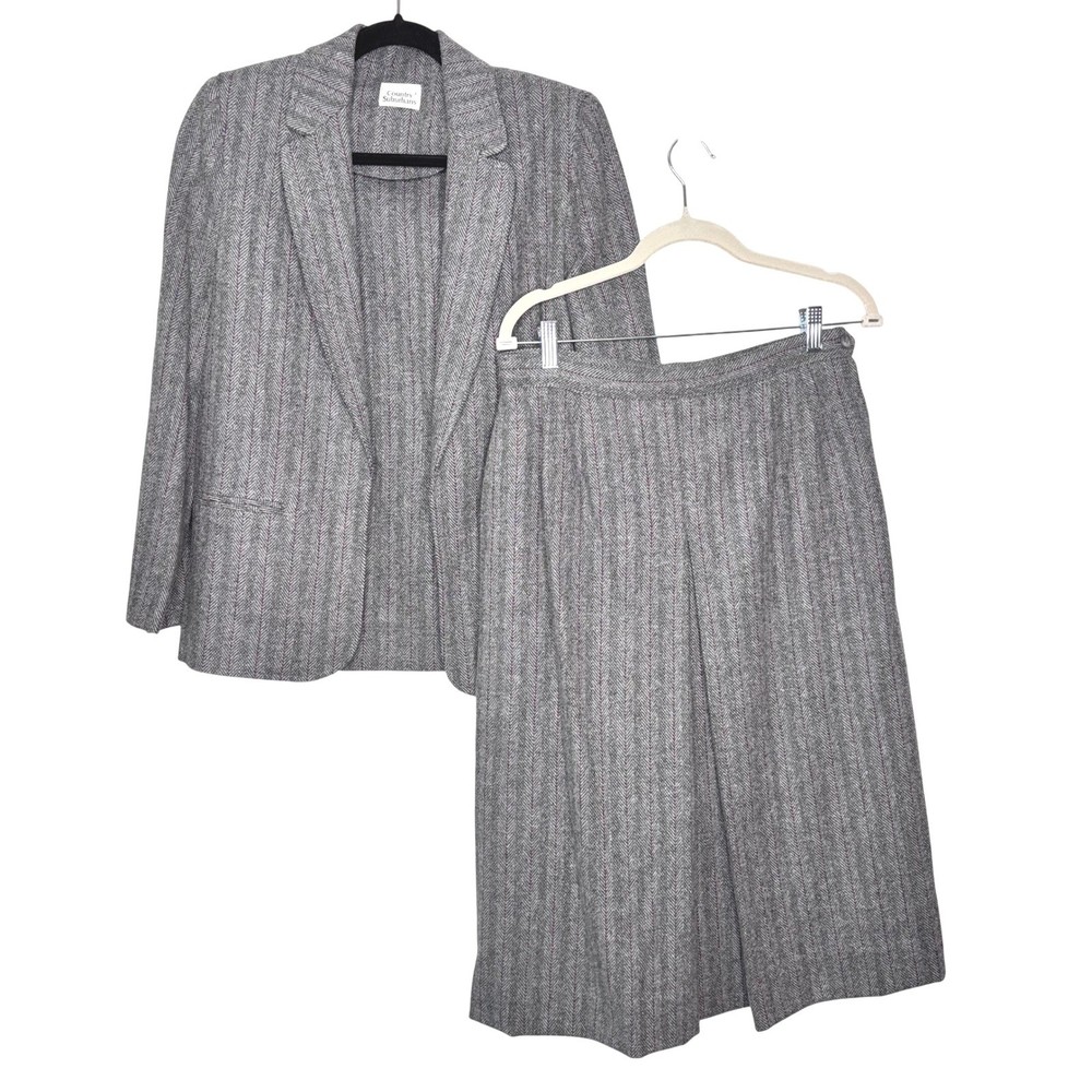 80s Wool Herringbone Blazer and Skirt Set Size M Classic English Countryside