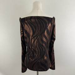 BALI Vintage 90s Brown Metallic Copper Swirl Ruched Stretchy Long Sleeve Top