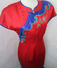 Vtg 60s-70s Silk Dress Red Cheongsam Qipao Wiggle Dress Embroidered Size Large