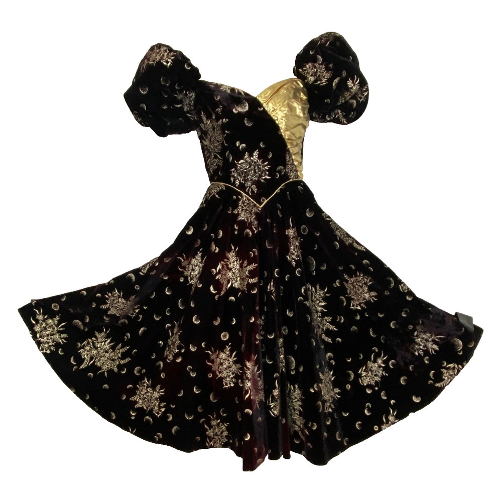 Vintage 1980s velvet moon dress puffed sleeve formal novelty print black gold S