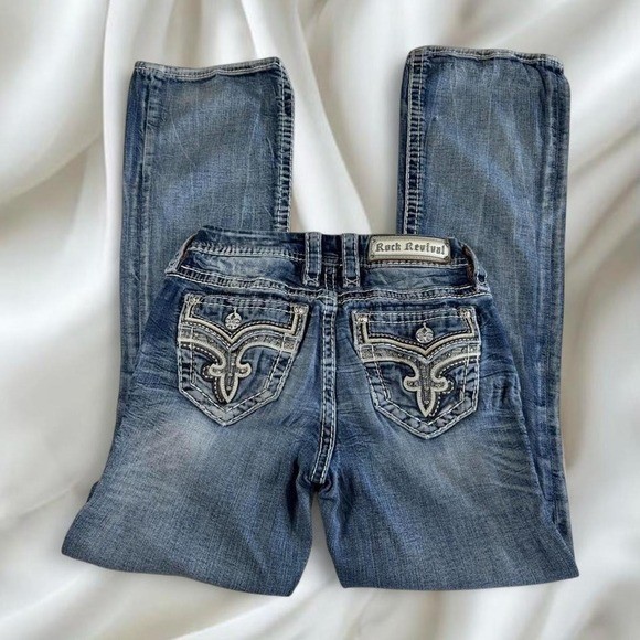 Rock Revival low-rise Y2K light wash denim distressed bootcut jeans grunge
