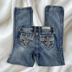 Rock Revival low-rise Y2K light wash denim distressed bootcut jeans grunge