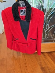 VINTAGE WAYNE ROGERS RED WOOL COAT SIZE SMALL, BUTTON EMBELLISHMENTS AND FRINGED