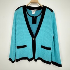 Misook 2pc Knit Cardigan Shell Set Womens Large Petite Turquoise Blue Excellent