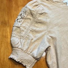 Design History Boho Romantic Beige Slub Cotton Crochet Lace Puff Sleeve Top