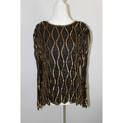 VTG Stenay Petite Gold Sequin Beaded Evening Top Black Art Deco Scalloped PL
