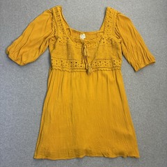 205 Collins XL Mustard Boho Dress Crochet Lace Rayon Peasant Mini Sunflower