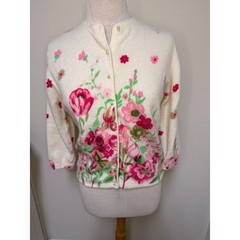 Vintage Darlene Angelon Angora Wool Floral Hand Screen Print Cardigan Cream Pink