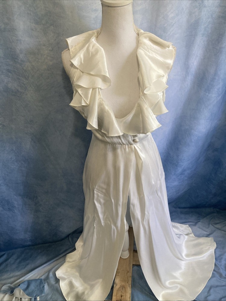 Vintage 70s White Satin Ruffle Halter Overdress TINY XXS Flaws DIY Project As-Is