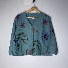 vintage carol anderson Blue Green Painted Floral Linen Single Button Top Artsy M