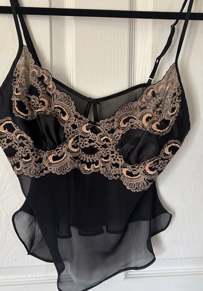 VTG Satin Babydoll Camisole Black Rose Gold Sheer Lace Sexy Whimsygoth 90s Retro