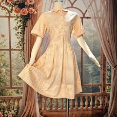 Vintage 1950s 60’s Dress Fit and Flare Peter Pan Collar Orange Gingam Check