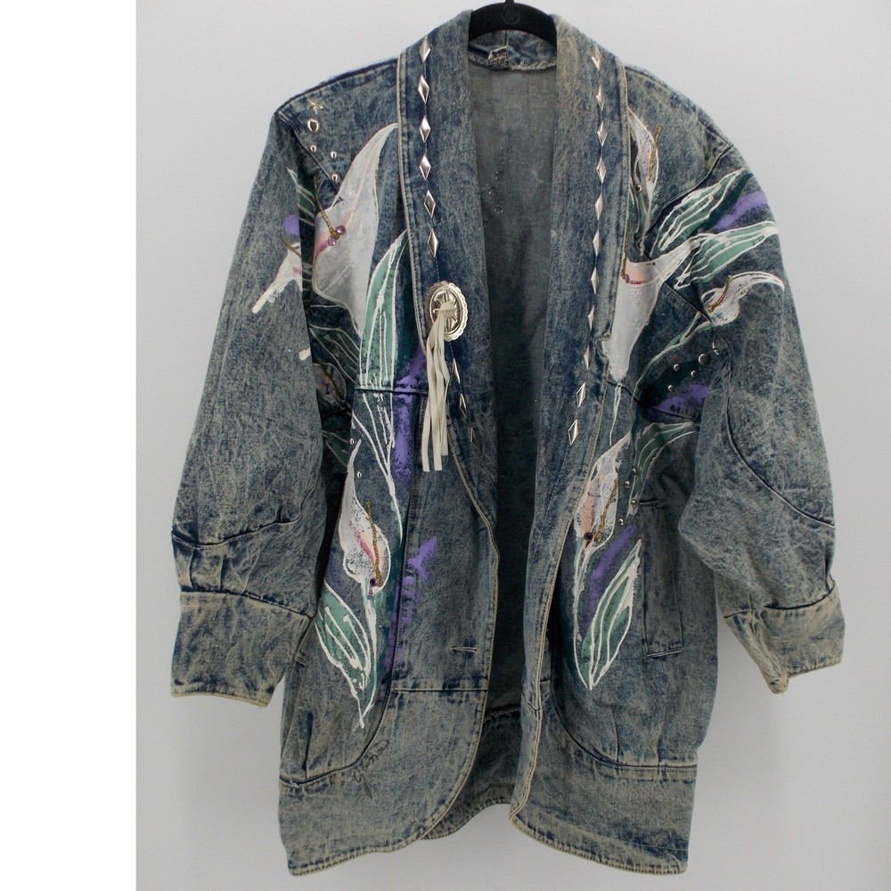 Vintage Hand Painted Blue Acid Wash Floral Studded Denim Jacket SMALL Maximalist