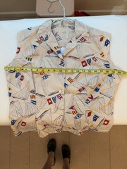 1940s 50s Sailboat Novelty Print Sailcloth Cotton Sportswear Blouse Fitted M/L