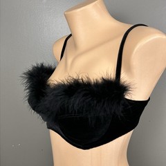 Vintage Black Velvet Feather Trim Bra 38B Marabou Underwire Pin Up Burlesque