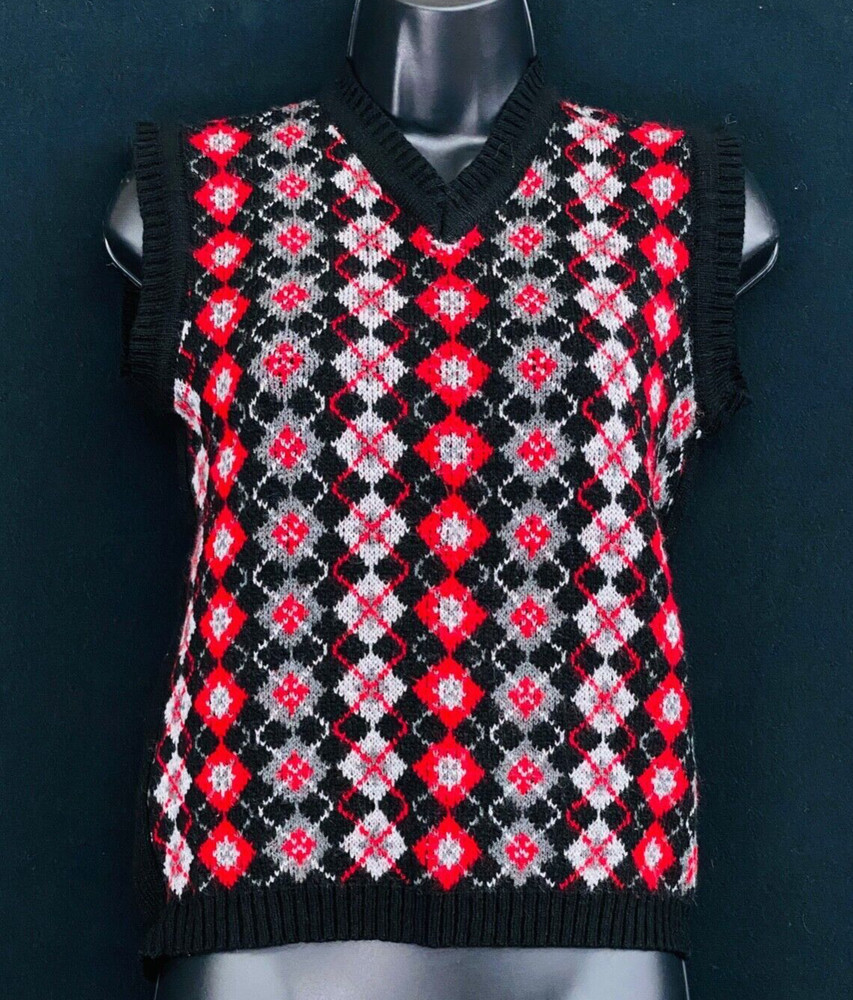 Vintage 1980s sweater vest, black red white argyle floral wool Istanbul S M