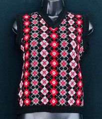 Vintage 1980s sweater vest, black red white argyle floral wool Istanbul S M