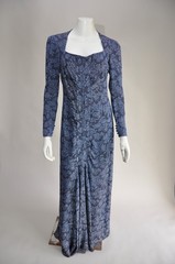 Vintage 1930s Blue Black Silver Floral Lame Maxi Dress Sweeping Skirt Deco Seams
