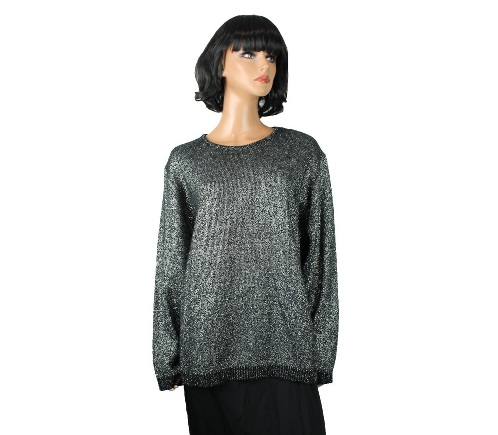 Sparkly Silver Black Sweater 3X XXXL Vintage 80s Bedford Fair Plus Size Shiny