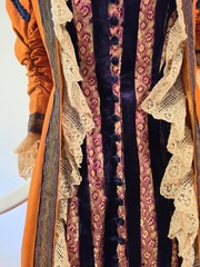 VICTORIAN 19TH C BUSTLE DRESS W VELVET BROCADE LACE TRIMMED FRONT PANEL + TRAIN