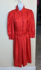 Vintage Leslie Faye Red Orange Belted Day Dress Size 6 Hidden Button Down
