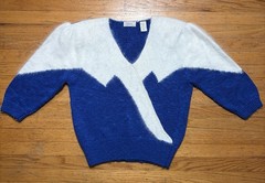 Vintage 80s Angora Blend Sweater Sz L Puff Shoulders Geometric Blue White