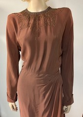 Vintage 1940s Copper Rayon Starburst Beaded Neckline Cocktail Dress Bust 38-39