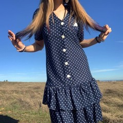 Vintage Tabby Of California Navy Polka Dot Drop Waist Ruffle Dress Size 14