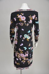 Vintage 1960s Leonard Black Dark Floral & Wool Jersey Knit Shift Dress XS-M