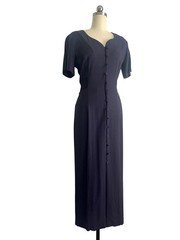 Vintage 80s Navy Blue Button Down Satin Belt Heart Neckline 40s inspired Midi S