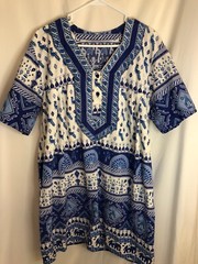 Vtg Blue India Print Moo moo coverup Dress sz L pockets Lounge Boho Cottage