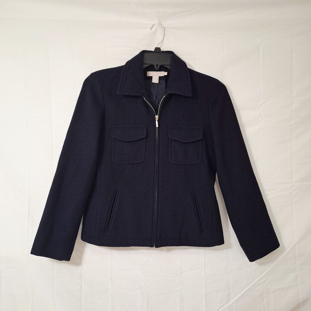 Vintage J. Crew Wool Blend Full Zip Jacket Blue Black Coat Womens Petite Small
