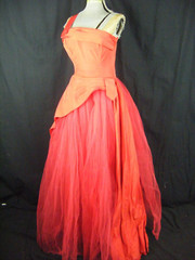 DANCE ORG by FRED PERLBERG Vtg 50-60s Red One Shoulder Tulle Dress-Bust 30/2XS