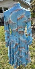 VTG 1970s Secretary Dress Pussy Cat Bow Fit Flair Midi Sz S B32 W26 Blue Orange