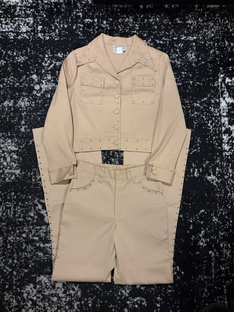 Deadstock Vintage 1970s H Bar C Studded Western 2 Piece Outfit Pant Suit Set Tan
