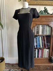 Vintage 1990s 80s Short Sleeve Black Midi Dress w Square Neck Cutout Gold accent
