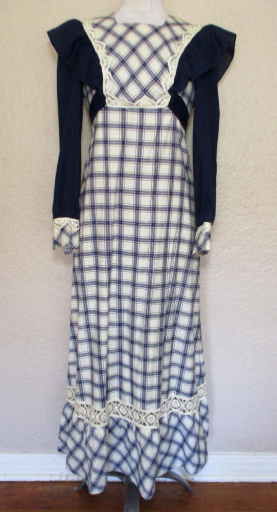 Vtg 70s California Charmer Prairie Maxi Dress Pinafore Ruffles Cottagecore XS