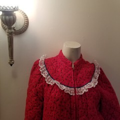 Vintage Red Calico Flannel Long Granny Prairie Quilted Robe Lounge Maxi M/42