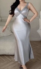 Silver Shiny Satin LONG Lace NIGHTGOWN Full Slip Camisole GOWN Dress 2X 2XL NEW