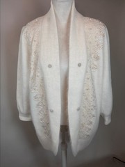 VTG Angora Rabbit Hair BEADED Cardigan SWEATER open front One Size Ivory