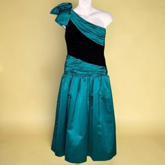 Nolan Miller Dynasty One Shoulder Teal Taffeta Formal Gown Bow Velvet Bodice 80s