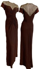 True Vintage 1940s Brown Crepe Rayon Ruched Dress with Beads and Sequins S