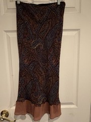 Willi Smith Paisley Silk Blend Midi Skirt Size 2 Brown Blue Sheer Hem Vtg boho